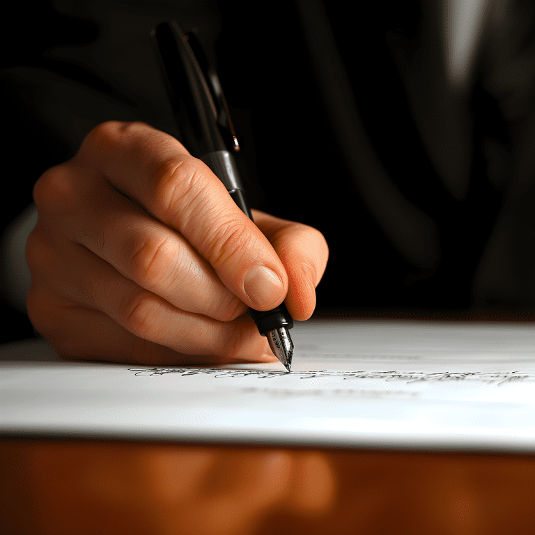 Eine Hand mit Stift, die ein Dokument unterschreibt